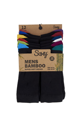 Mens 12 Pack Bamboo Dress Socks, Calf Size, Anti Bacterial Socks - Black Socks with Colour Heel and Toe