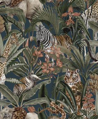 Holden Decor Safari Fusion Navy Wallpaper 13012 – Exotic Animal & Botanical Design – 10m Roll