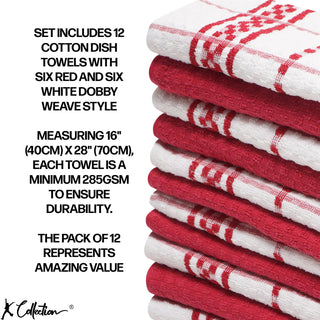 K Collection Red 12 Pack Check Kitchen Towels Set - 100% Ring Spun Cotton - Terry Check Design