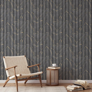 Muriva Woodgrain Panel Charcoal & Gold Wallpaper 193503 – Modern Panel Design – 10m Roll