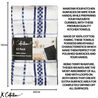 K Collection Navy 12 Pack Check Kitchen Towels Set - 100% Ring Spun Cotton - Terry Check Design