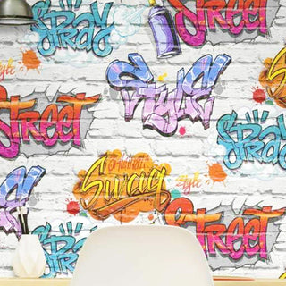 Muriva Street Style Graffiti Multi Wallpaper - 10m x 53cm Wide for Home Decor - White - 64cm Half Drop