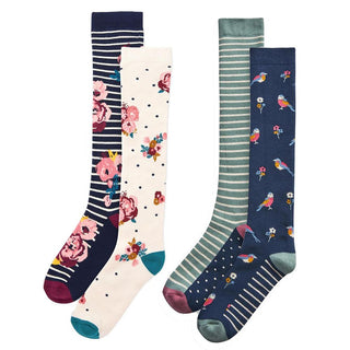Ex Store Ladies 4 Pack Welly Socks - Floral, Bird Stripe Designs - Size 4-7