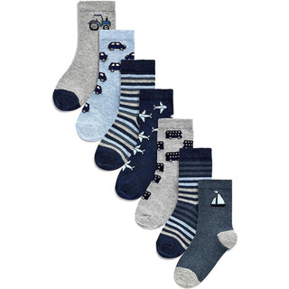 Ex Store Kids 7 Pack Socks - Transport Designs - Cotton Rich - Size 9-12, 12-3 and 4-6