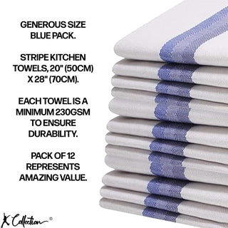 K Collection Blue 12 Pack Kitchen Towels Set - 100% Pure Cotton Classic Herringbone Weave