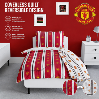 Manchester United FC Official Single Bed Coverless Duvet Bedding Reversible Red White Coverless Football Quilt, Pillow Pillowcase Washable Duvet Perfect For Travelling Sleepovers 10.5 tog
