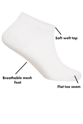 Ladies 6 Pack Bamboo Trainer Ankle Socks, Breathable Low Cut Ankle Trainer Sock - White