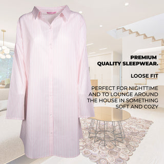 Keanu Ladies Cotton Woven Nightshirt - Pink with White Stripes - 100% Cotton