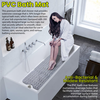 K Collection Premium Non Slip Shower Mat – Anti Mould & Mildew, 200 Suction Cups – Extra Long 100x40cm Rubber PVC Bath Mat – Machine Washable – Grey