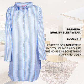 Keanu Ladies Cotton Woven Nightshirt - Blue with White Stripes - 100% Cotton