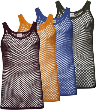 Keanu Mens 4 Pack String Vest  - Assorted Colours Design - 100% Pure Combed Cotton