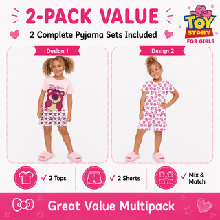Disney Toy Story Girls Pyjamas 2 Pack | Lotso "Beary Good Vibes" Short & Squad All-Over Print Short Pyjama Sets | 100% Cotton PJs | Kids Nightwear Ages 18 Months to 12 Years