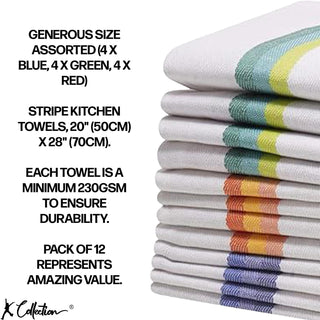 K Collection 12 Pack Kitchen Towels Set - 100% Pure Cotton Classic Herringbone Weave - Stripe Design