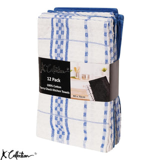 K Collection Blue 12 Pack Check Kitchen Towels Set - 100% Ring Spun Cotton - Terry Check Design