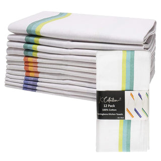 K Collection 12 Pack Kitchen Towels Set - 100% Pure Cotton Classic Herringbone Weave - Stripe Design