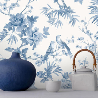 Rasch Chinoiserie Water Colour Blue, Orange/Blue & Sage Green Floral Birds Flowers Wallpaper - 10m x 53cm Wide