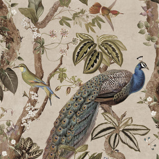 Holden Decor Peacock Woods Taupe Wallpaper 13680 – Elegant Peacock & Botanical Design – 10m Roll