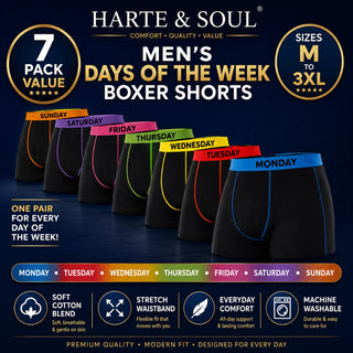 Harte & Soul 7 Pack Weekday Mens Boxer Shorts - Days of The Week Design - Cotton Blend S-2XL
