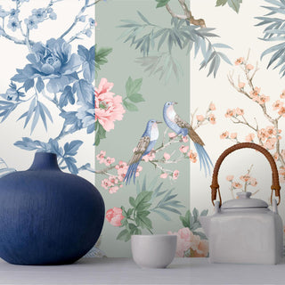 Rasch Chinoiserie Water Colour Blue, Orange/Blue & Sage Green Floral Birds Flowers Wallpaper - 10m x 53cm Wide