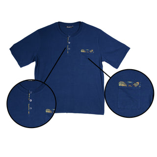 Keanu Mens Henley Short Pyjama - Blue Design - Cotton Blend