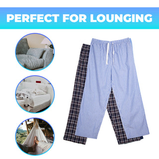 Keanu Mens 2 Pack Woven Pyjama Bottoms - Checked and Vertical Stripes Design - Cotton Blend