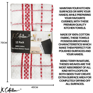 K Collection Red 12 Pack Check Kitchen Towels Set - 100% Ring Spun Cotton - Terry Check Design