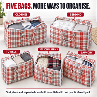 K Collection 5 Pack XXL 100L Tartan Laundry Storage Bags with Zip – 80 × 60 × 20cm