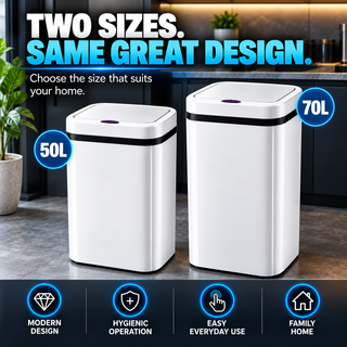 K Collection 50L Automatic Sensor Bin – Touchless Soft-Close Lid – White