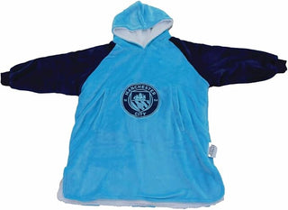 Manchester City FC Design Oversized Hooded Wearable Fleece Blanket Super Warm and Cosy Premium Sherpa Lined Perfect For Man City Fans
