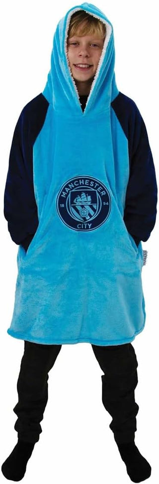 Manchester City FC Design Oversized Hooded Wearable Fleece Blanket Super Warm and Cosy Premium Sherpa Lined Perfect For Man City Fans