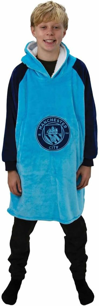 Manchester City FC Design Oversized Hooded Wearable Fleece Blanket Super Warm and Cosy Premium Sherpa Lined Perfect For Man City Fans