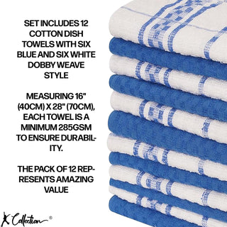 K Collection Blue 12 Pack Check Kitchen Towels Set - 100% Ring Spun Cotton - Terry Check Design