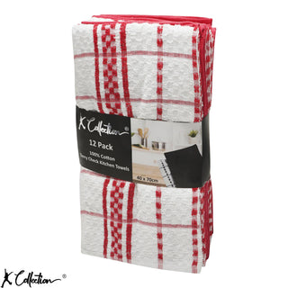 K Collection Red 12 Pack Check Kitchen Towels Set - 100% Ring Spun Cotton - Terry Check Design
