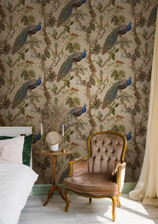 Holden Decor Peacock Woods Taupe Wallpaper 13680 – Elegant Peacock & Botanical Design – 10m Roll