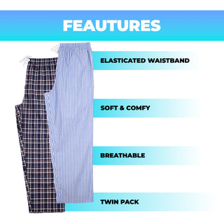 Keanu Mens 2 Pack Woven Pyjama Bottoms - Checked and Vertical Stripes Design - Cotton Blend
