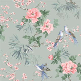Rasch Chinoiserie Water Colour Blue, Orange/Blue & Sage Green Floral Birds Flowers Wallpaper - 10m x 53cm Wide