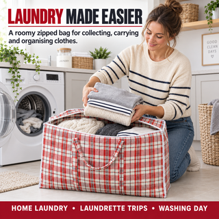K Collection 10 Pack XXL 100L Tartan Laundry Storage Bags with Zip – 80 × 60 × 20cm