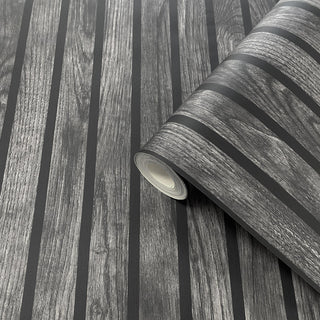 Muriva Wooded Slats Black Wallpaper 102576 10m Roll Wood Effect Modern Feature Wall