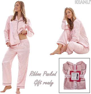 Keanu Ladies Satin Long Pyjamas - Pink Design