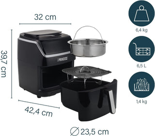 Princess 2-in-1 Steam Oven & Aerofryer - Large volume of 6.5L - 1700 W - Touch screen - 8 pre-programmed programs - Accessories Included, Black