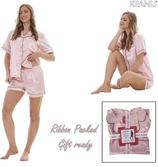 Keanu Ladies Satin Short Pyjamas - Pink Design