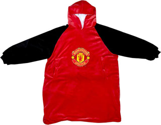 Manchester United FC Hugzee Oversized Wearable Hooded Fleece Super Warm and Cosy Premium Sherpa Lined, Design Perfect For Teens, Women and Men, One Size Suggested Height 110cm+, Red