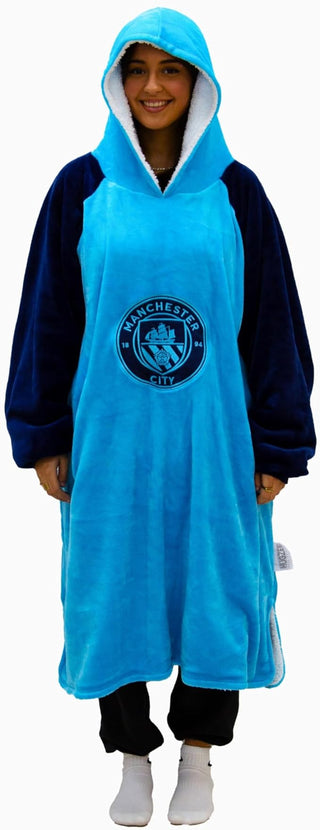 Manchester City FC Design Oversized Hooded Wearable Fleece Blanket Super Warm and Cosy Premium Sherpa Lined Perfect For Man City Fans