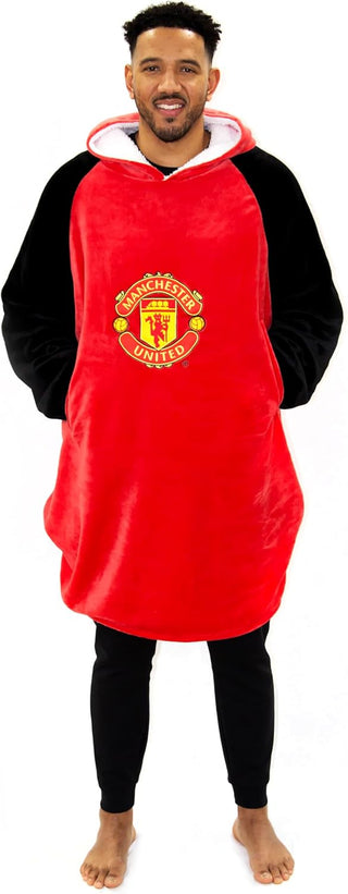 Manchester United FC Hugzee Oversized Wearable Hooded Fleece Super Warm and Cosy Premium Sherpa Lined, Design Perfect For Teens, Women and Men, One Size Suggested Height 110cm+, Red