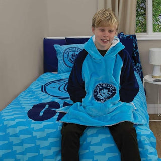 Manchester City FC Design Oversized Hooded Wearable Fleece Blanket Super Warm and Cosy Premium Sherpa Lined Perfect For Man City Fans