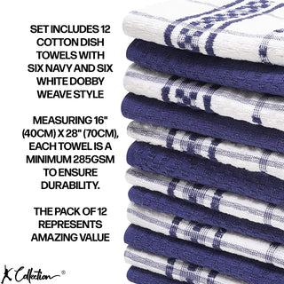 K Collection Navy 12 Pack Check Kitchen Towels Set - 100% Ring Spun Cotton - Terry Check Design