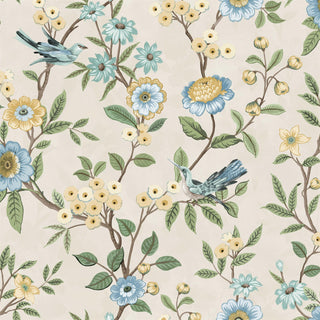 Fine Decor Eleanor Floral Birds in Yellow, Cream and Blue Wallpaper - 10m x 53cm Wide