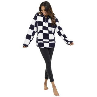 Keanu Ladies Half Zip Jumper - Navy and White Checked Design - Soft Thick Sherpa Fleece