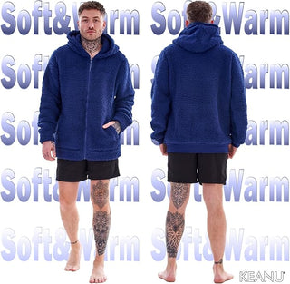 Keanu Mens Zip Up Sherpa Hoodie - Fluffy Fleece Jacket with Full Zip Design - Navy, Charcoal and Black Design