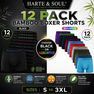Harte & Soul Pack of 12 Mens Bamboo Boxer Shorts - Assorted Colours Design - Bamboo Viscose Cotton Blend